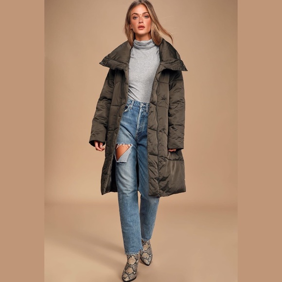 Lulus Olive Green Midi Puffer Jacket 